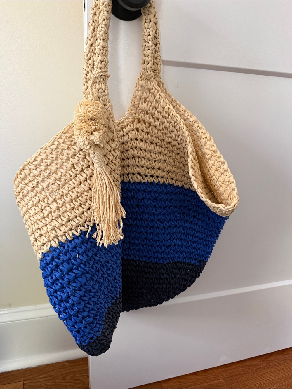 Mark & Graham Handwoven Straw Tote Bag in Natural, Blue & Navy Blue